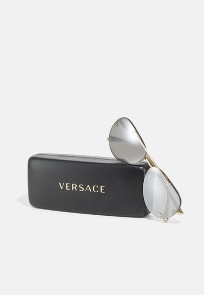Versace sunglasses in gray with reflective lenses, gold accents, and a black protective case featuring the brand name in gold lettering.