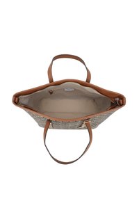 Grande borsa tote con motivo intrecciato grigio e manici in pelle marrone. L'interno presenta una fodera liscia beige e una tasca con zip.
