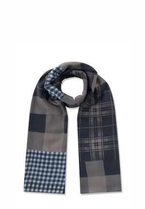 Écharpe à motifs avec des carrés et des designs en damier de bleu foncé, gris et bleu clair. Tissu doux avec des textures et des accents variés.