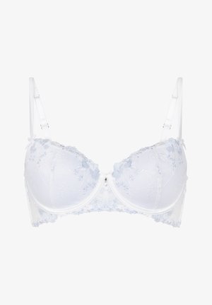 Weißer Unterwäsche-BH mit Blumen-Spitzenstickerei und verstellbaren Schulterträgern.