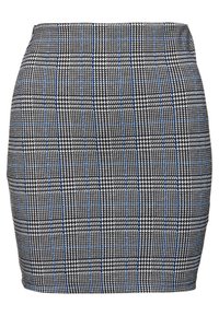 Jupe à motifs en damier noir et blanc avec un design ajusté et droit, ornée d'accents bleus. Fabriquée en tissu texturé avec une finition lisse.
