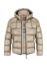 Beige Pufferjacke mit Kapuze, aus gestepptem Material, mit schwarzen Reißverschlussakzenten und orangenen Details. Dichter Wärmeschutz für Wärme.