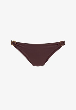 Brauner Bikini-Unterteil aus glattem Stoff, mit goldenen, runden Beschlägen an den Seiten und einem schlichten, klassischen Design.