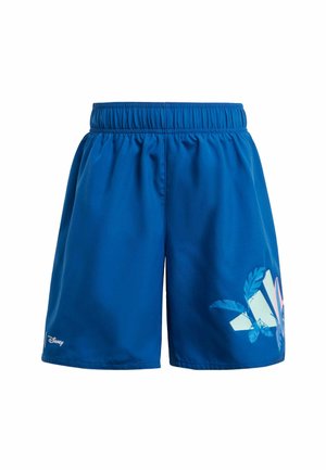 Shorts bleus en tissu lisse avec une taille élastique, présentant un design graphique coloré de feuilles et de personnages sur un côté.