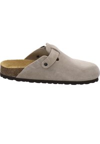 Gray suede clog featuring a rounded toe, adjustable strap with black hardware, cork footbed, and textured rubber sole.