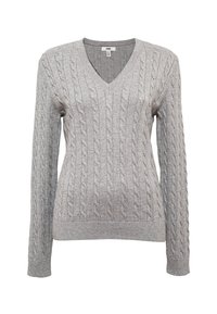 Grauer, grob gestrickter Pullover mit V-Ausschnitt und langen Ärmeln. Verfügt über gerippte Bündchen und Saum, gefertigt aus einem weichen, strukturierten Material.