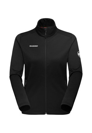 Giacca in pile nera con colletto alto, zip completa e due tasche con zip. Presenta il logo Mammut sul petto e sulla manica. Texture liscia.