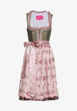 Dirndl dress with a glittery dark green bodice, a pink floral-patterned skirt, satin ribbon belt, and lace trim along the neckline.