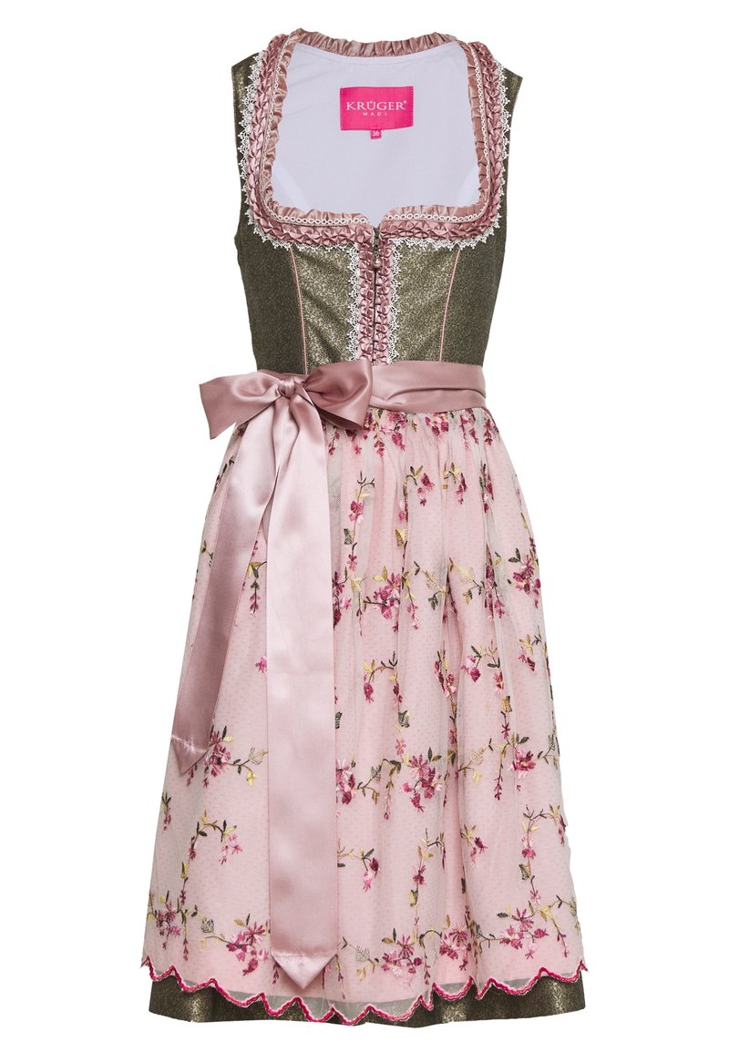 Sukienka dirndl z błyszczącym, ciemnozielonym gorsem, różową spódnicą w kwiatowy wzór, satynowym paskiem w talii i koronkowym wykończeniem dekoltu.