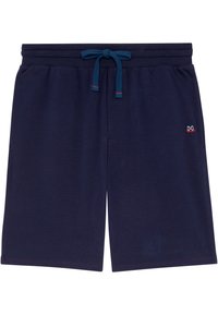 Pantalones cortos azul marino hechos de un suave material de mezcla de algodón, con una cinturilla elástica y un cordón a juego, además de un pequeño logotipo como acento.