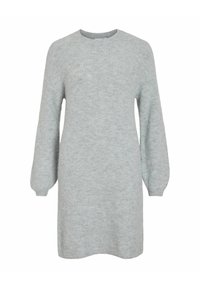 Hellgraues Strickkleid mit Rundhalsausschnitt, langen Ballonärmeln und lockerer Passform, das ein strukturiertes Rippmuster aufweist.