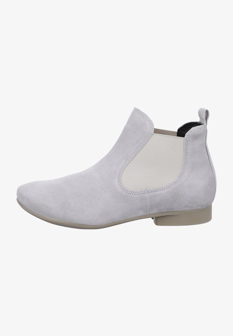 Light gray suede ankle boot with elastic side panels, pointed toe, and a low, cream-colored heel. Smooth texture with minimal detailing.