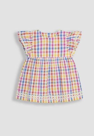 Kariertes Kleid mit pastellgelben, rosa, blauen und weißen Quadraten. Rüschensleeves und ein dekorativer Spitzenbesatz am Saum.