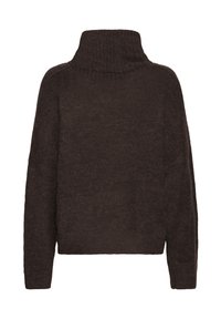Maglione marrone lavorato a maglia con colletto alto, spalle scese e polsini a costine. Texture morbida, vestibilità leggermente ampia e dettagli minimi.