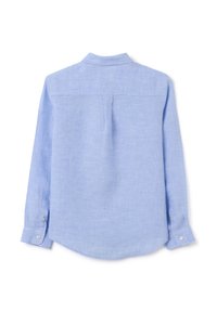 Hellblaues, langärmliges Hemd aus Leinenstoff. Verfügt über einen Kragen, eine Vorderpasse und Knopfmanschetten. Glatte Textur mit einem leicht lässigen Schnitt.