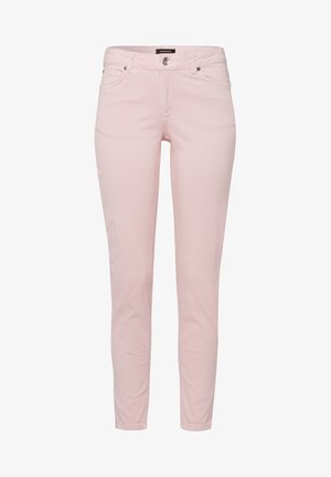 Roze katoenen skinny jeans met een middelhoge taille, vijf zakken en een knoopsluiting. Glad textuur en strakke pasvorm.