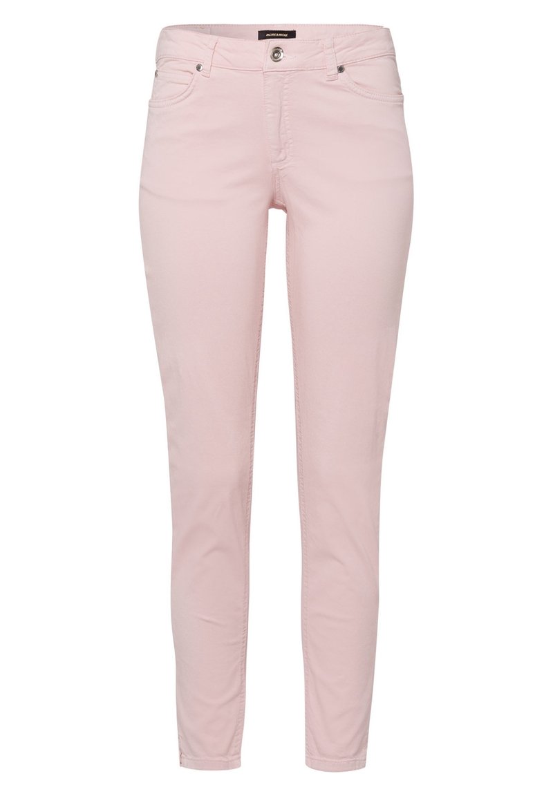 Różowe, bawełniane dżinsy skinny z średnim stanem, pięcioma kieszeniami i zapięciem na guzik. Gładka tekstura i dopasowany krój.