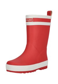 Botte en caoutchouc rouge avec des accents blancs et une semelle texturée. Présente une surface lisse, un talon renforcé et une languette pour un enfilage facile.