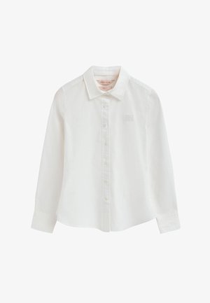 Biała koszula z długim rękawem wykonana z bawełny. Posiada punktowy kołnierzyk, zapięcie na guziki z przodu oraz małe wytłoczone logo na klatce piersiowej. Gładka faktura.