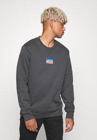 Sudadera gris de longas mangas, con cuello redondo y un pequeño logo de Levi's de colores en el pecho. El material parece suave y liso.