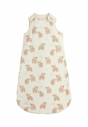 Ärmelloser cremefarbener Babyschlafsack mit beigen Kuhillustrationen und Druckknöpfen an den Schultern.