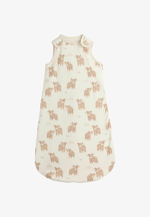 Ärmelloser cremefarbener Babyschlafsack mit beigen Kuhillustrationen und Druckknöpfen an den Schultern.