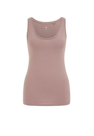 Ujjatlan mályvaszínű trikó mélyen kivágott nyakkal, testhezálló fazon, belül hátul S méretjelzéssel.