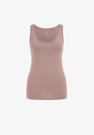 Ujjatlan mályvaszínű trikó mélyen kivágott nyakkal, testhezálló fazon, belül hátul S méretjelzéssel.