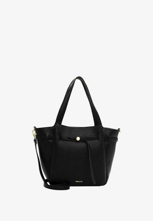 Zwarte leren tote tas met een gestructureerde afwerking, dubbele handvatten, een verstelbare schouderriem en een gouden metalen accent aan de voorkant.