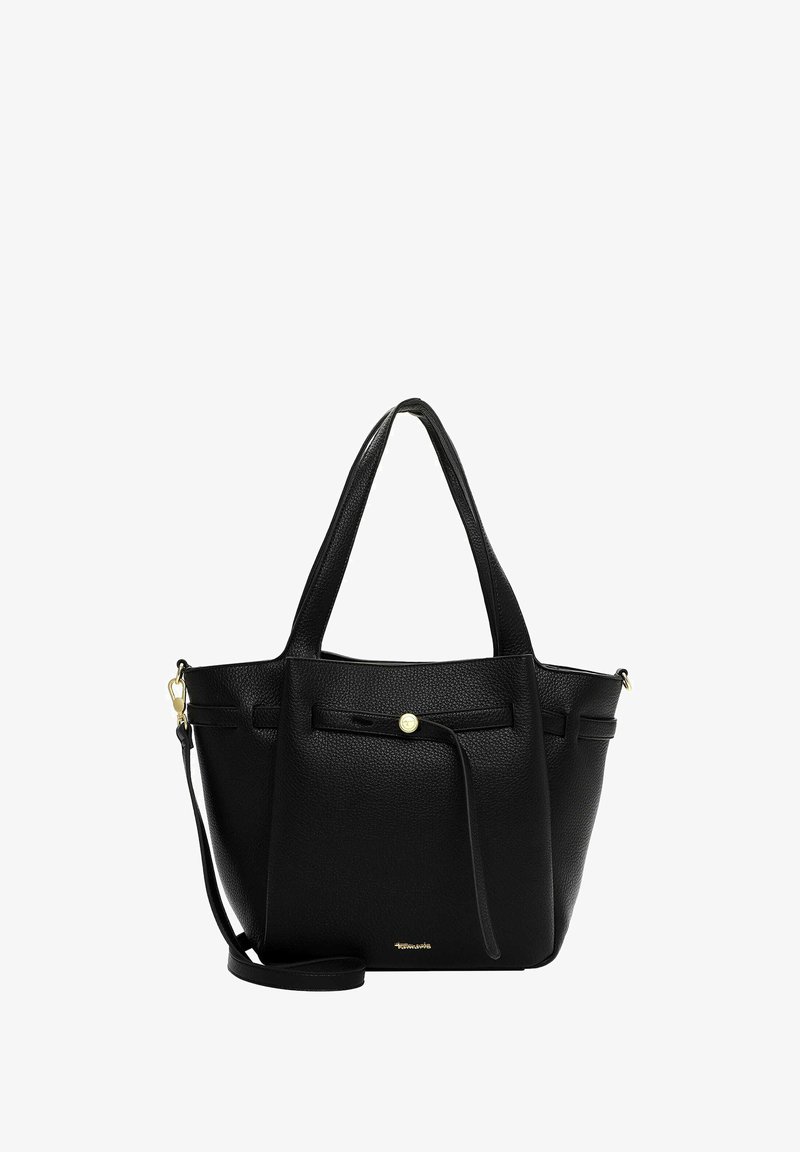 Černá kožená taška typu tote s texturovaným povrchem, dvojitými uchy, nastavitelným ramenním popruhem a zlatým kováním na přední straně.