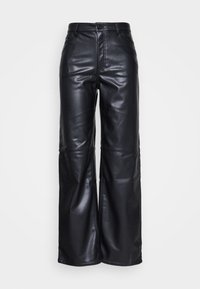 Černé kožené široké kalhoty s hladkou texturou, vybavené předním zapínáním na knoflík a strukturovanými švy pro vytvarovaný vzhled.