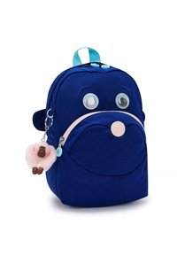 Zaino blu navy con occhi in peluche, zip con dettagli rosa e un portachiavi a forma di pecorella fluffy rosa con faccia marrone. Tessuto morbido.