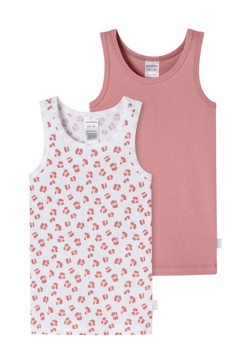 Two tank tops: one white with a pink leopard print, the other solid pink. Made of organic cotton, both feature rounded necklines and sleeveless design.