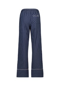Navy blue striped wide-leg pants made of soft fabric, featuring a back pocket and contrasting white cuffs. Horizontal and vertical stripes pattern.