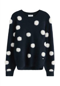 Maglione blu navy con scollo rotondo, decorato con pompon bianchi soffici di varie dimensioni. Texture a maglia, vestibilità rilassata e polsini a coste.