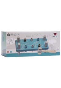 Træ legetøjssæt med en lys blå bund, otte farverige søm og en hammer; har bløde plastikben og legende grafiske designs.