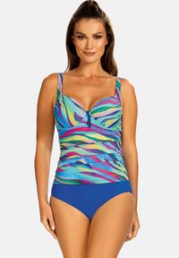 Wielokolorowy biustonosz bikini z wzorem fal w odcieniach niebieskiego, zielonego, różowego i żółtego, z jednolitą niebieską dolną częścią. Miękki materiał z regulowanymi ramiączkami.