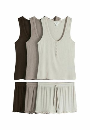 Three sleeveless ribbed tank tops in dark brown, taupe, and light beige with matching ruffle-hem shorts below each top.
