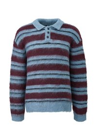 Sweter z dzianiny z kołnierzykiem polo, ozdobiony niebieskimi i bordowymi poziomymi paskami, z trzema guzikami oraz ściągaczami na mankietach i u dołu. Miękka tekstura.