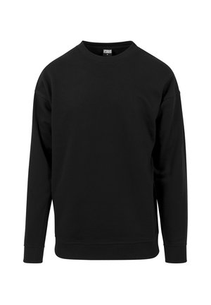 Sweatshirt noir en tissu doux. Il a un col rond, des manches longues, et des poignets et un ourlet côtelés. Design simple et sans embellissement.