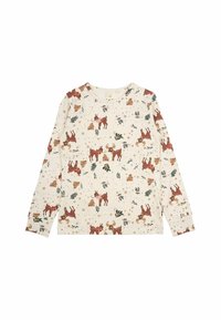 Langärmliges Shirt in hellem Creme mit einem gemusterten Design aus braunen Tieren und Grünpflanzen. Weicher Stoff mit Rundhalsausschnitt und umgeschlagenen Ärmeln.