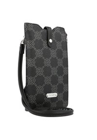 Black crossbody bag made of textured faux leather, featuring a pattern of interlocking shapes, metal logo plate, and adjustable strap.