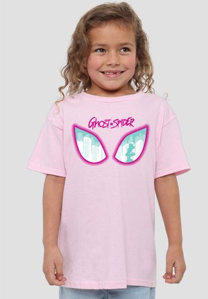 Rosa Baumwoll-T-Shirt mit grafischem Design, das türkis- und weiße Stadtlandschaften in pinken Augensymbolen zeigt, beschriftet mit "GHOST-SPIDER." Lockerer Schnitt.