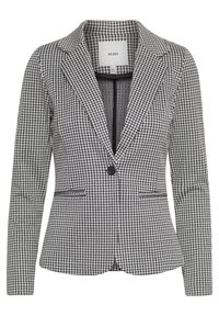 Musta-valkoinen koiranhammaskuvioinen bleiseri, jossa on yksittäinen nappi, lovettavat kaulukset ja kaksi etutaskua. Räätälöity istuvuus ja teksturoitu kangas.