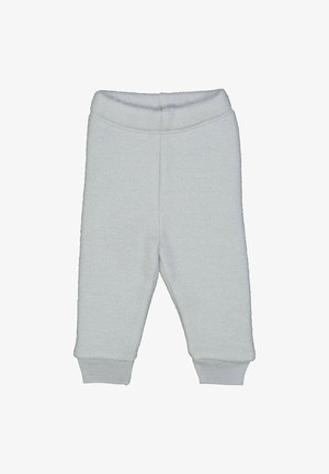 Pantaloni da tuta grigi chiari in materiale morbido, con vita elastica e polsini a coste, caratterizzati da una texture liscia e da un design semplice.