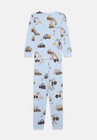 Blue pajama set featuring long sleeves and pants. Covered in colorful construction vehicle prints, including trucks and diggers.