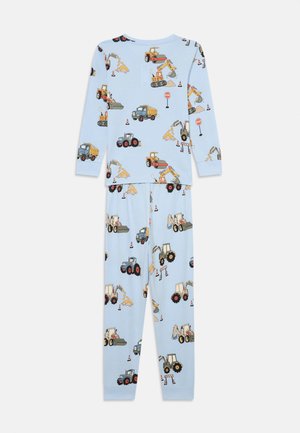 Vaaleansiniset lasten pyjamat, joissa on pitkät hihat ja housut. Kuosissa on värikkäitä rakennuskoneita, liikennesuppiloita ja stop-merkkejä.