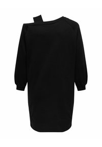 Robe noire à manches longues avec une bretelle unique tombante, coupe ample et manches retroussées, vue de dos sur un fond blanc.