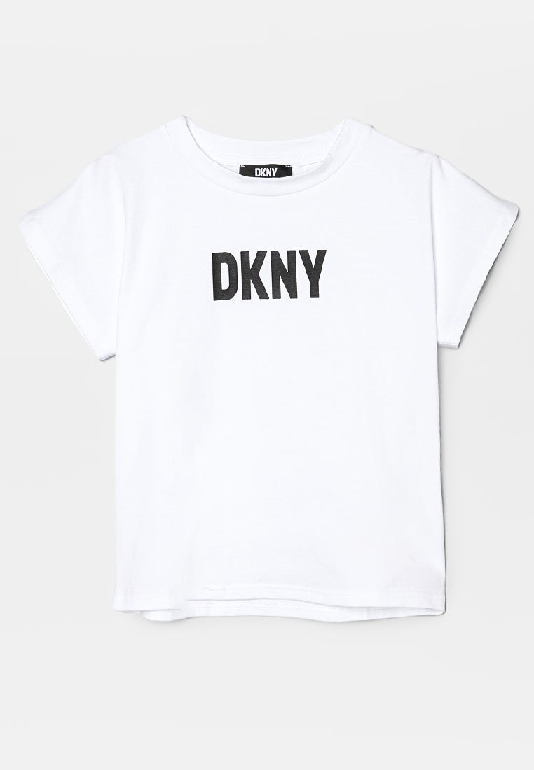 Weißes T-Shirt mit kurzen Ärmeln aus Baumwolle, mit schwarzem "DKNY"-Logo auf der Vorderseite. Verfügt über einen runden Ausschnitt und eine lockere Passform.