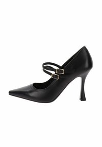 Scarpa nera in pelle con tacco alto e punta affusolata, dotata di due sottili cinturini alla caviglia con fibbie dorate, superficie liscia e tacco a stiletto affusolato.